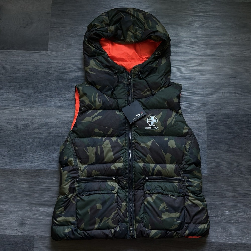 NEW RLX Ralph Lauren Down Puffer Hooded Vest Womens L Elmwood Camo MSRP $298